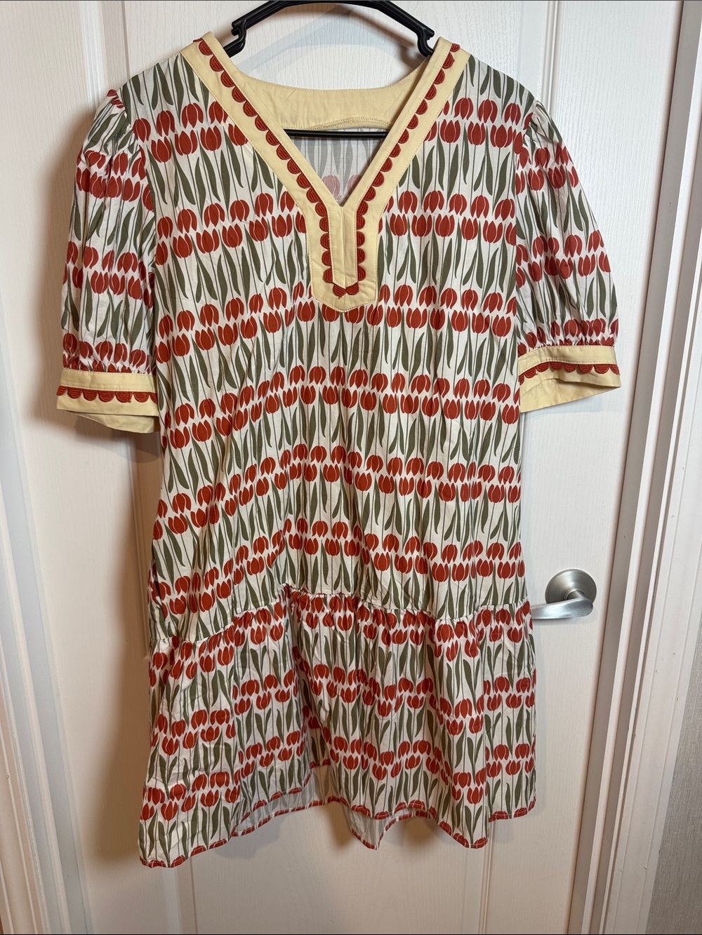 Source Unknown Red Tulip Print Mini Dress with Cream Trim